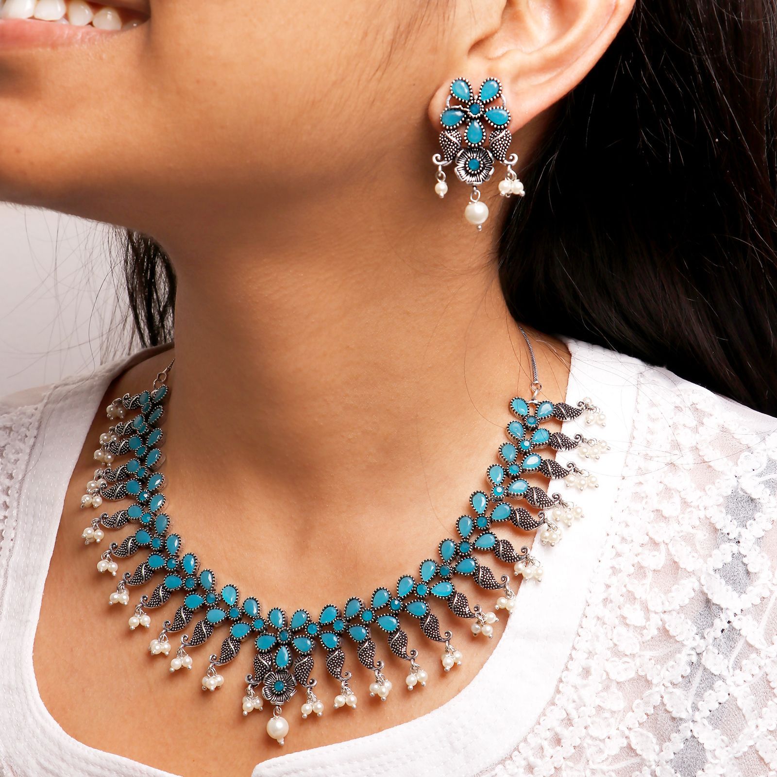 Silver Replica Necklace Jewellery Set | Blue | FBK911N04