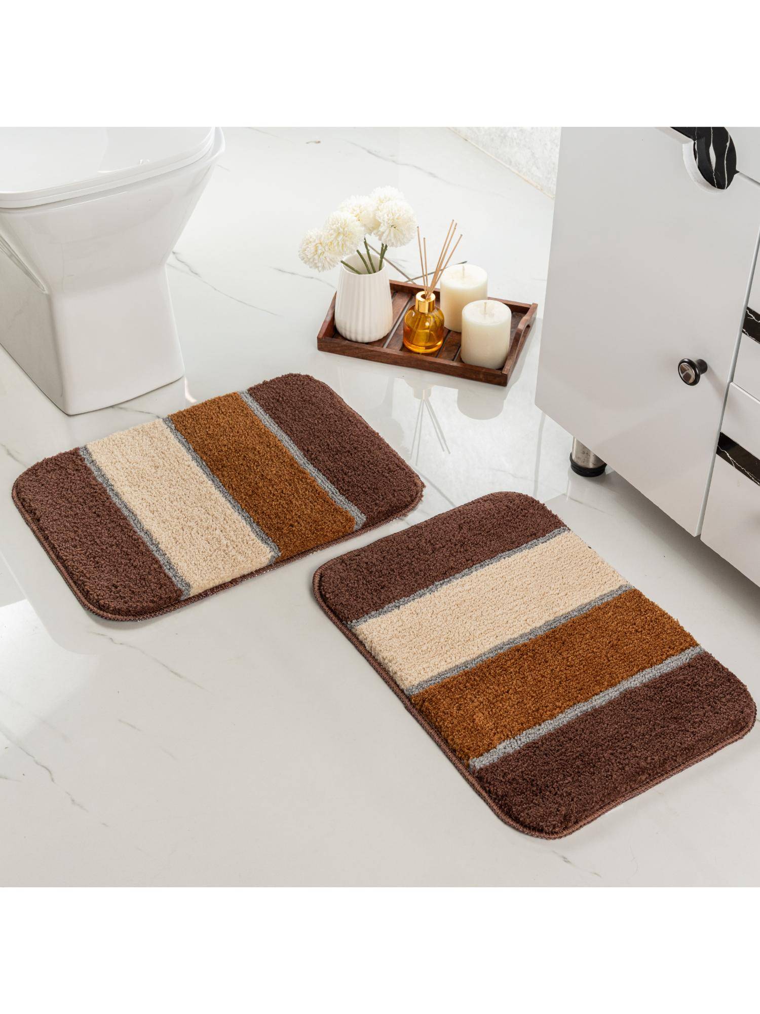 Saral Home TRIS Soft Thick Microfiber Anti-Skid Bath Mats Pack of 2 Stripe - Brown