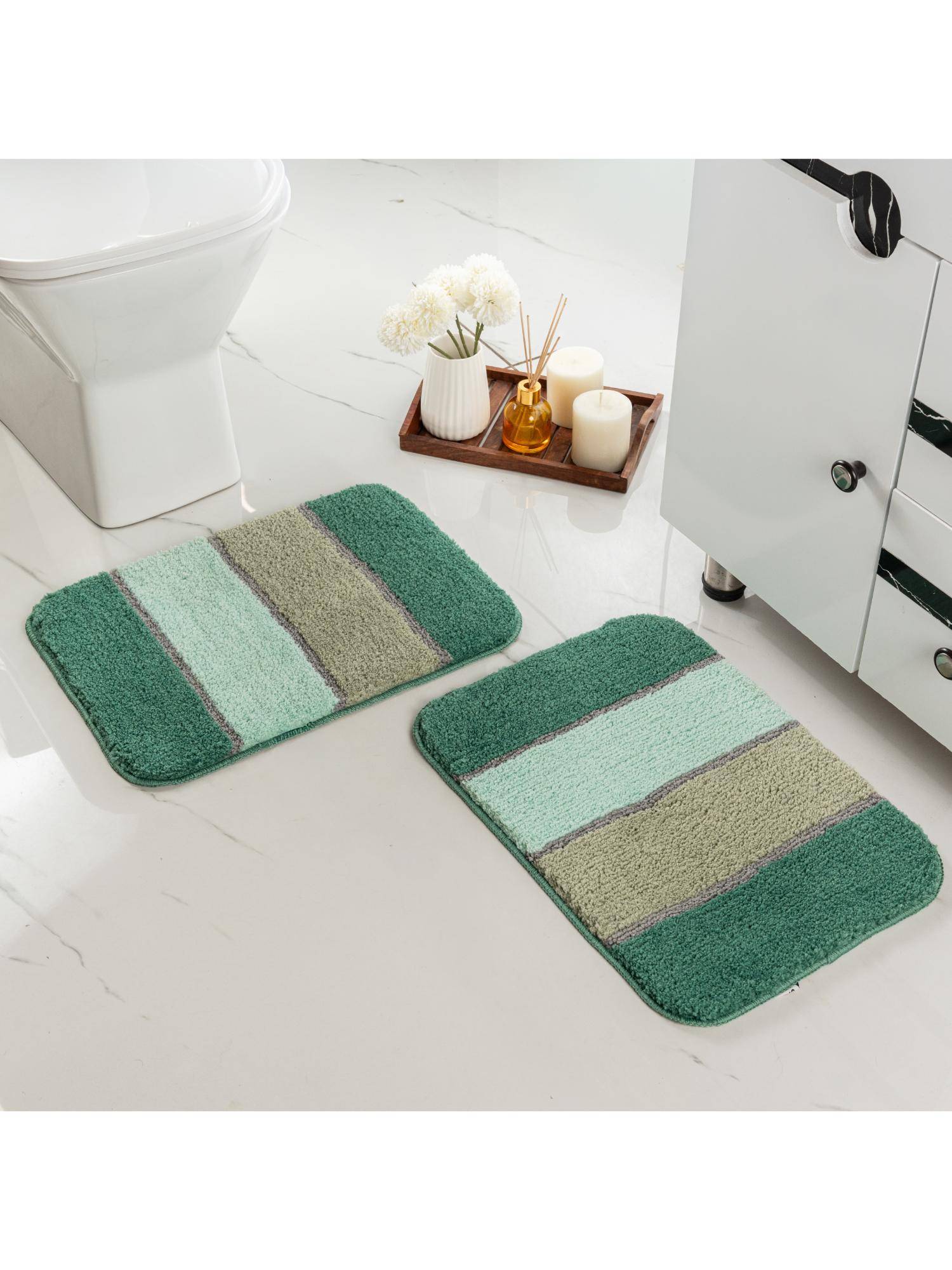 Saral Home TRIS Soft Thick Microfiber Anti-Skid Bath Mats Pack of 2 Stripe - Green