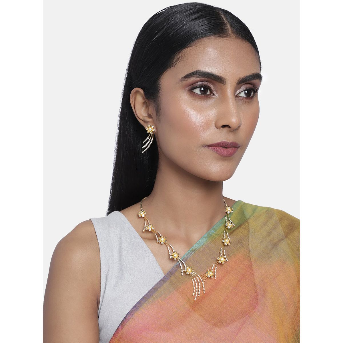 LAIDA GoldPlated American Diamond Studded Floral Jewellery Set (Set of