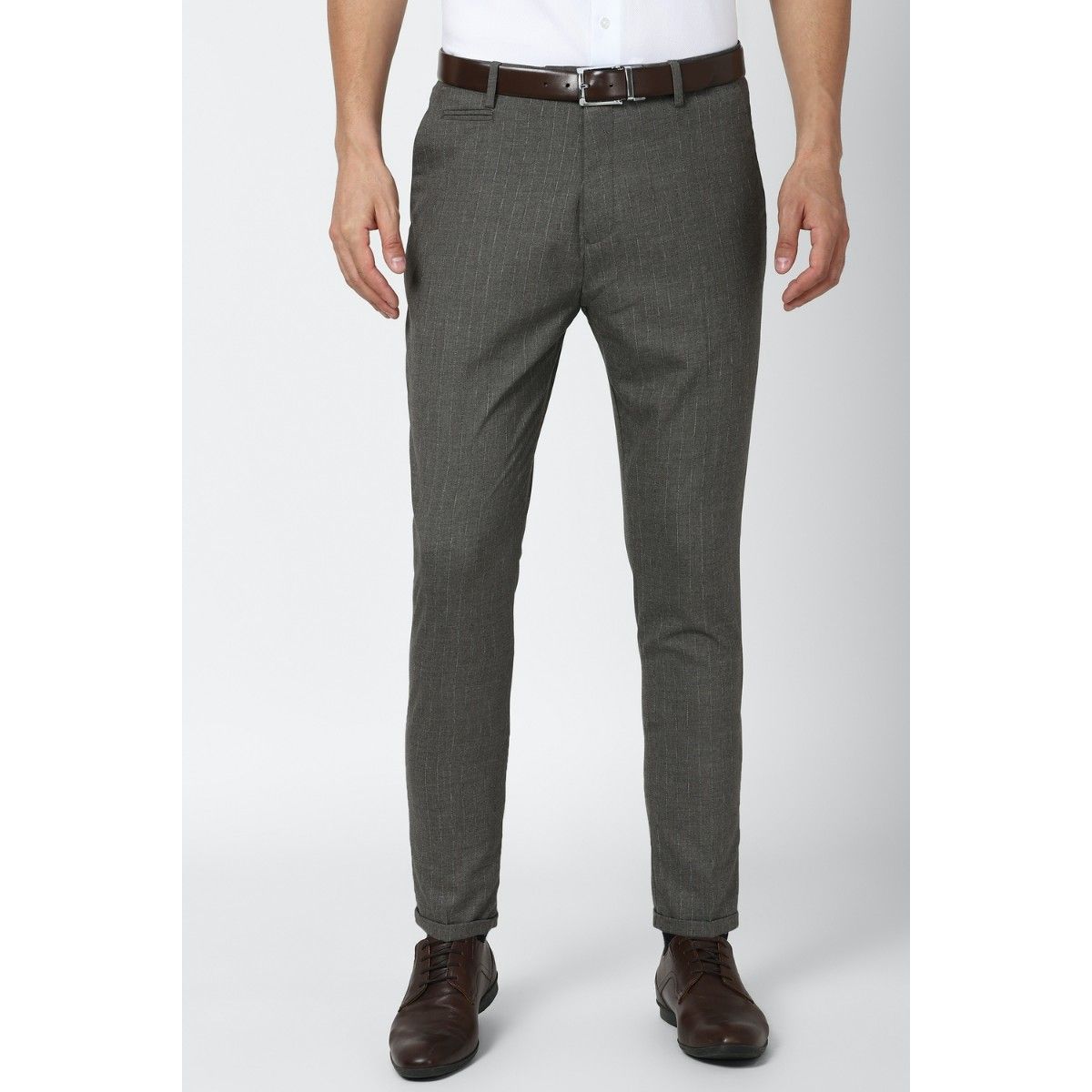 Buy Peter England Men Grey Check Carrot Fit Formal Trousers Online