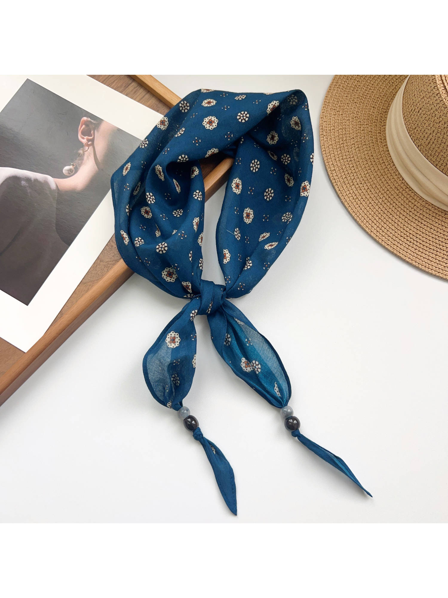 CrossKulture Women Blue Floral Cotton Diamond Scarf
