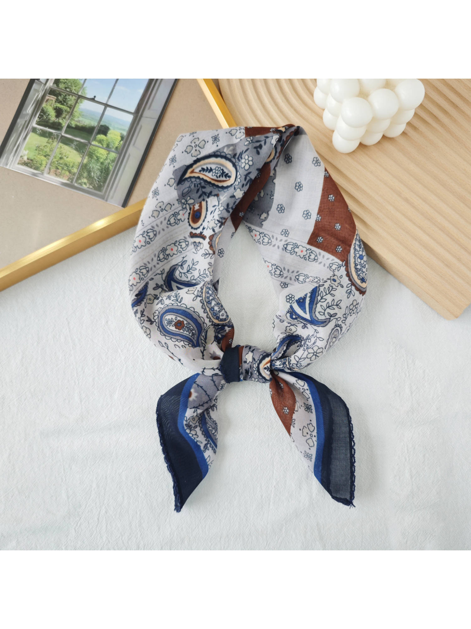 CrossKulture Women White Paisley Curved Edge Satin Scarf