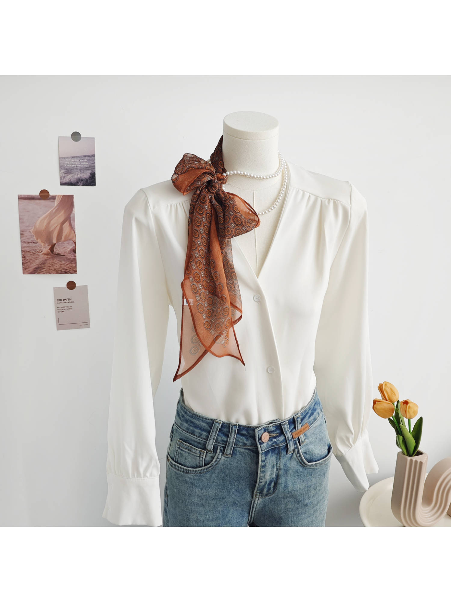 CrossKulture Women Yellow Printed Chiffon Ribbon Scarf