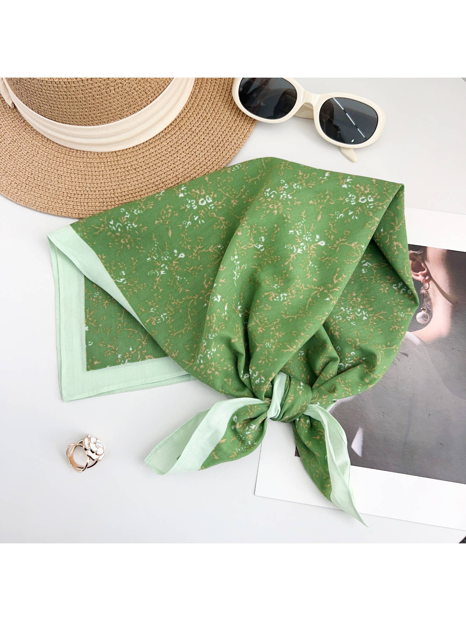 CrossKulture Women Green Printed Cotton Square Scarf