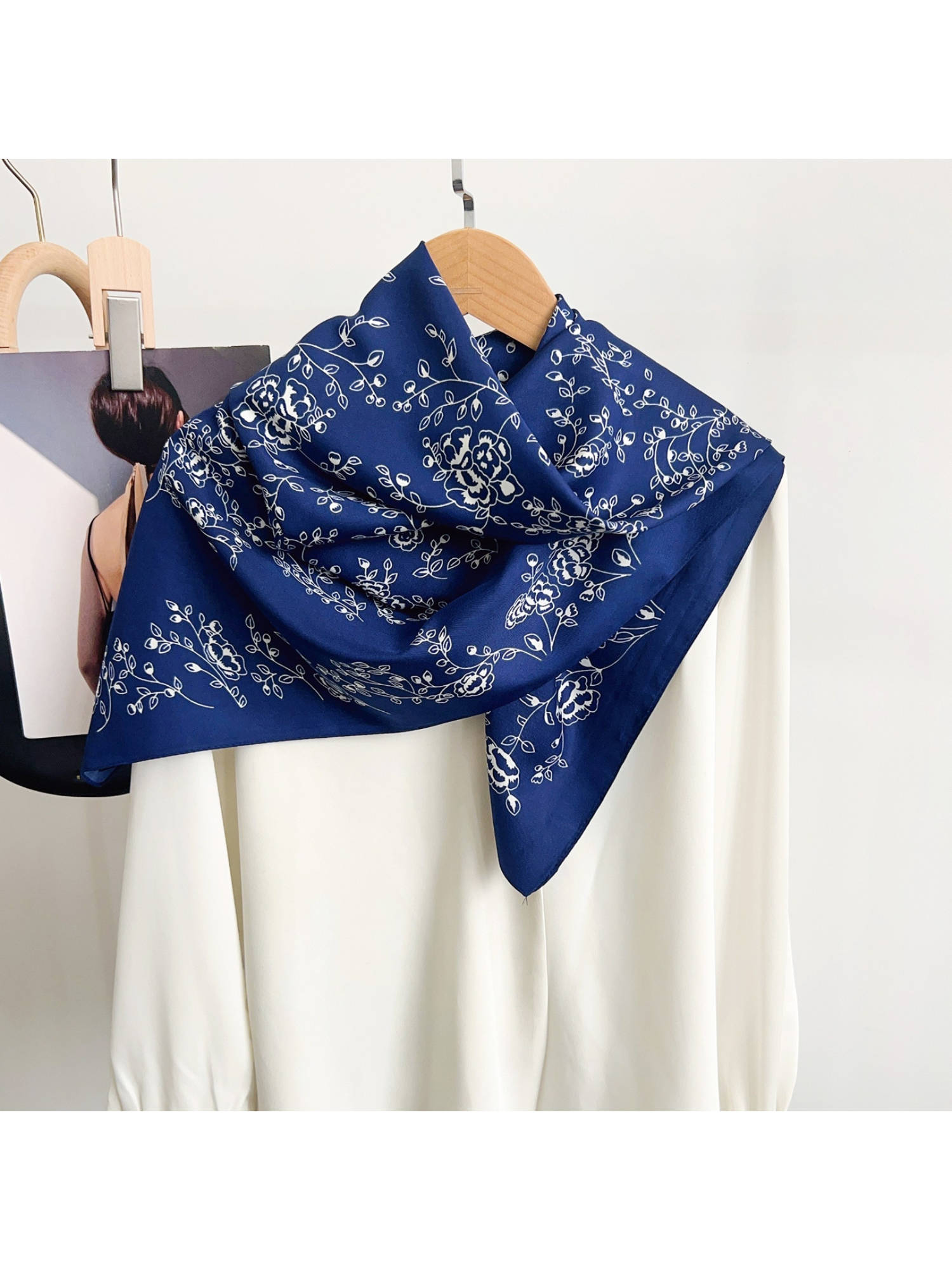 CrossKulture Women Navy Blue Floral Satin Scarf
