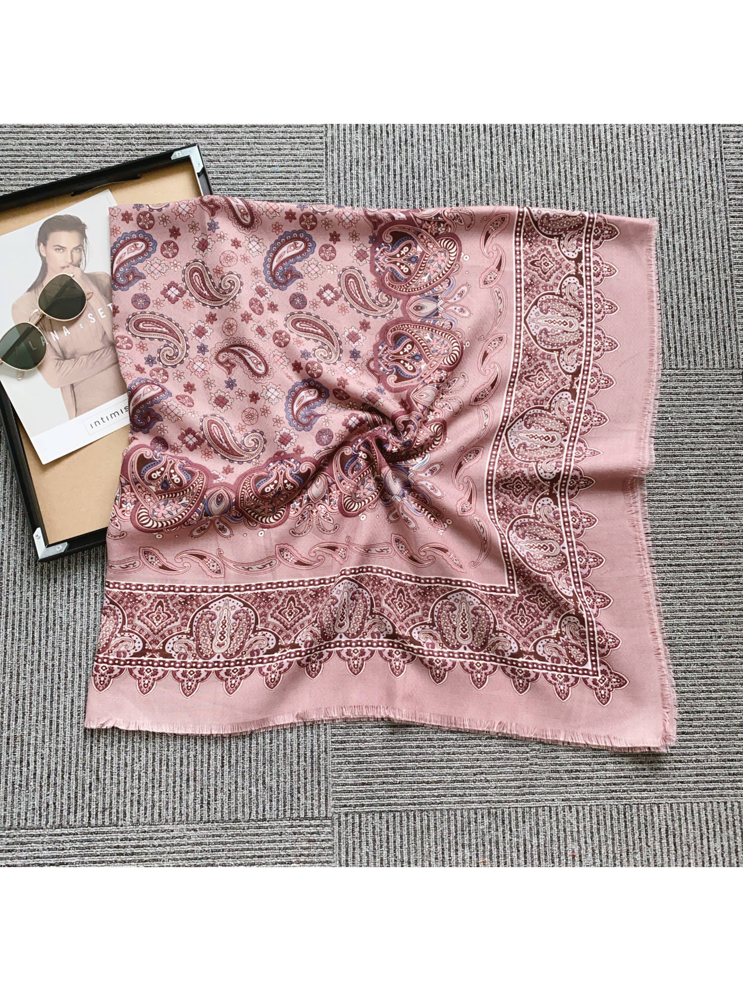 CrossKulture Women Pink Paisley Viscose Cotton Square Scarf
