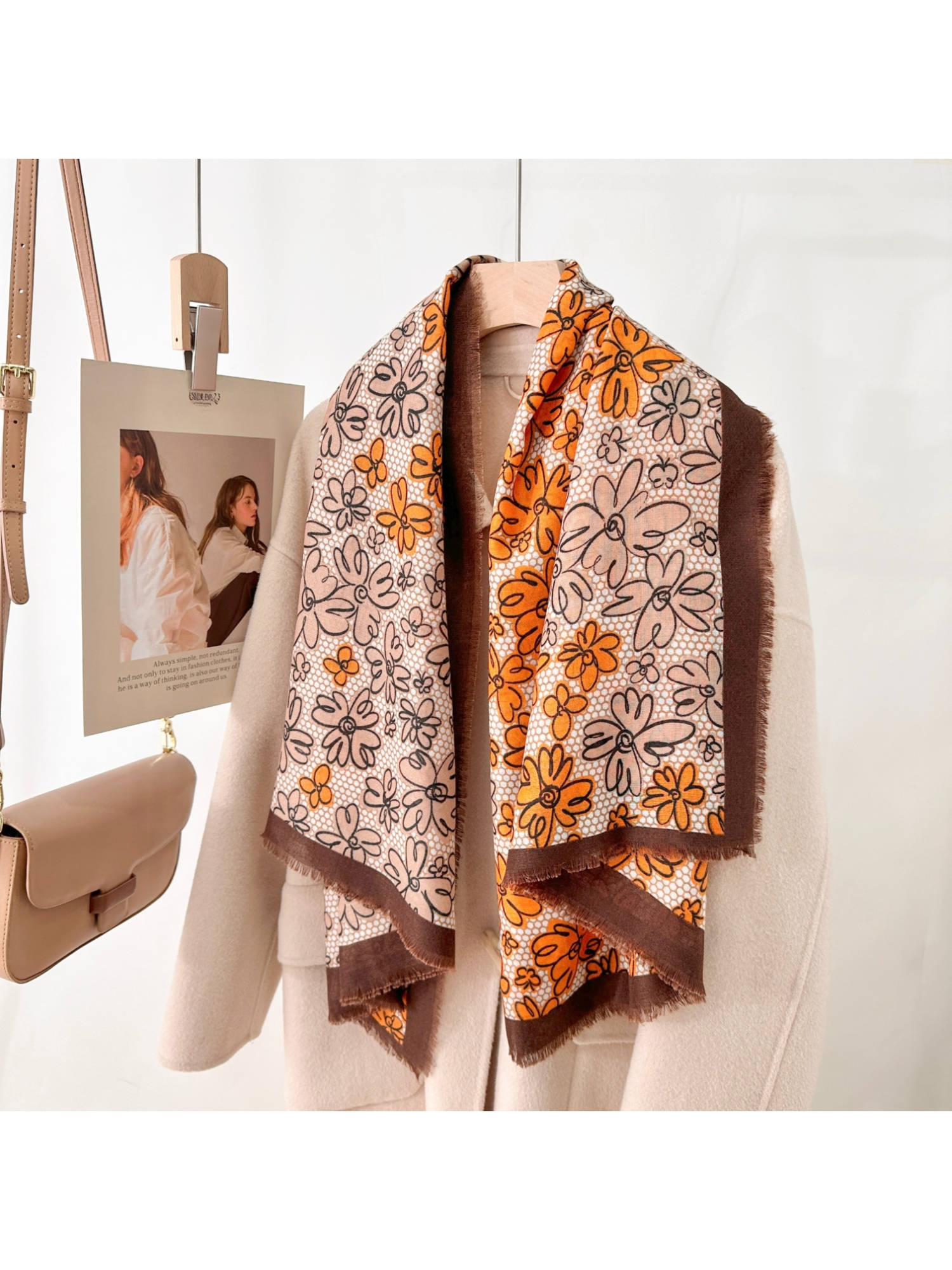 CrossKulture Women Beige Floral Viscose Cotton Square Scarf