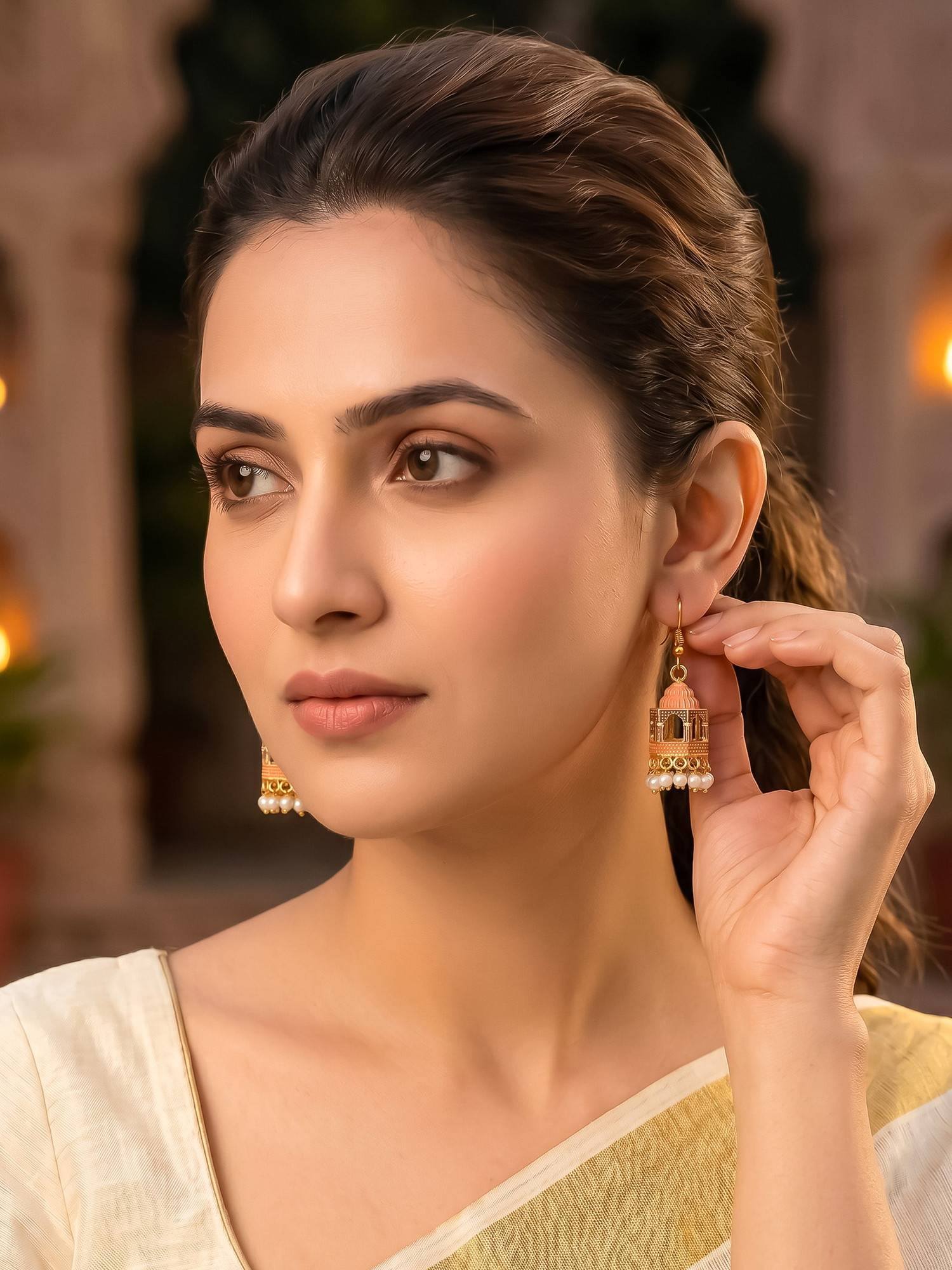 Bdiva Gold Plated Jarokha Jhumki Earrings