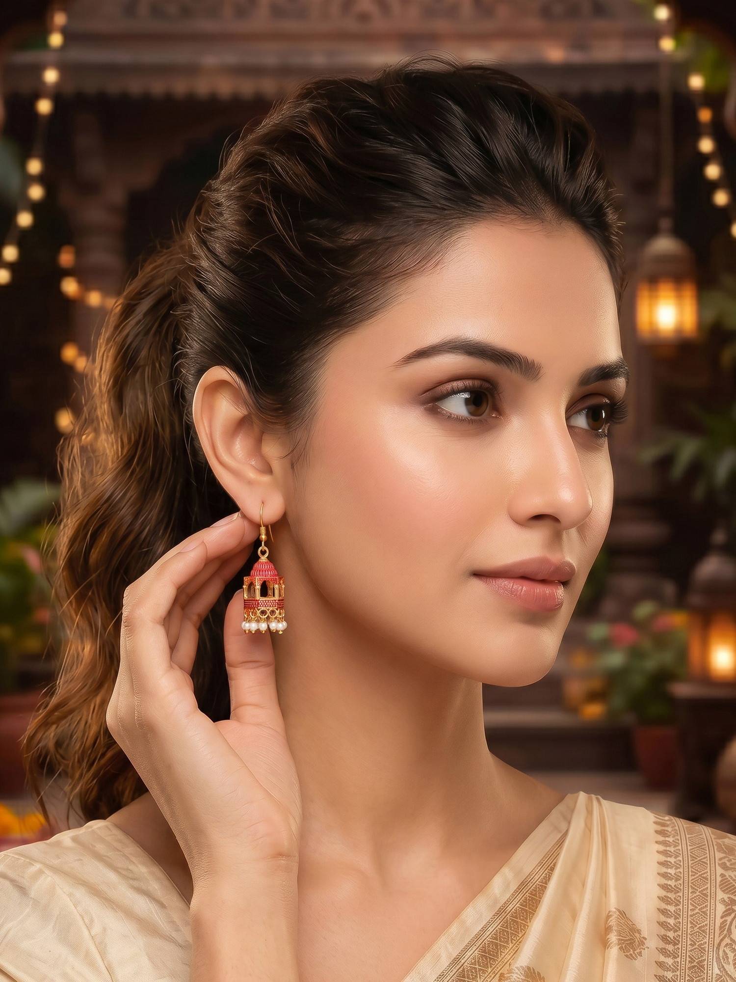 Bdiva Gold Plated Jarokha Jhumki Earrings
