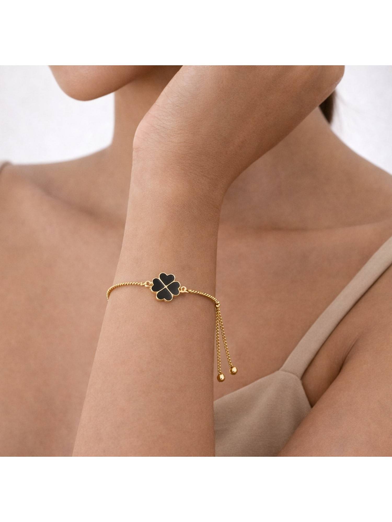 Bdiva Gold Plated Black Enamel Clover Leaf Bracelet
