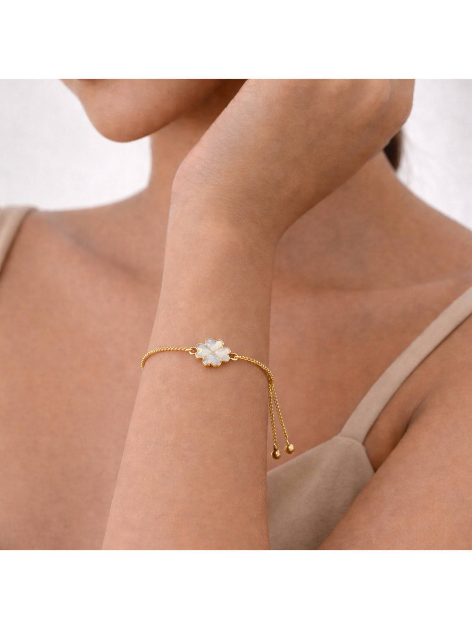 Bdiva Gold Plated White Enamel Clover Leaf Bracelet