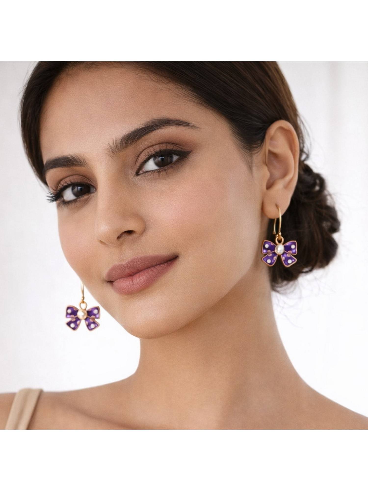 Bdiva Gold Plated Purple Bow Pearl Drop Earrings