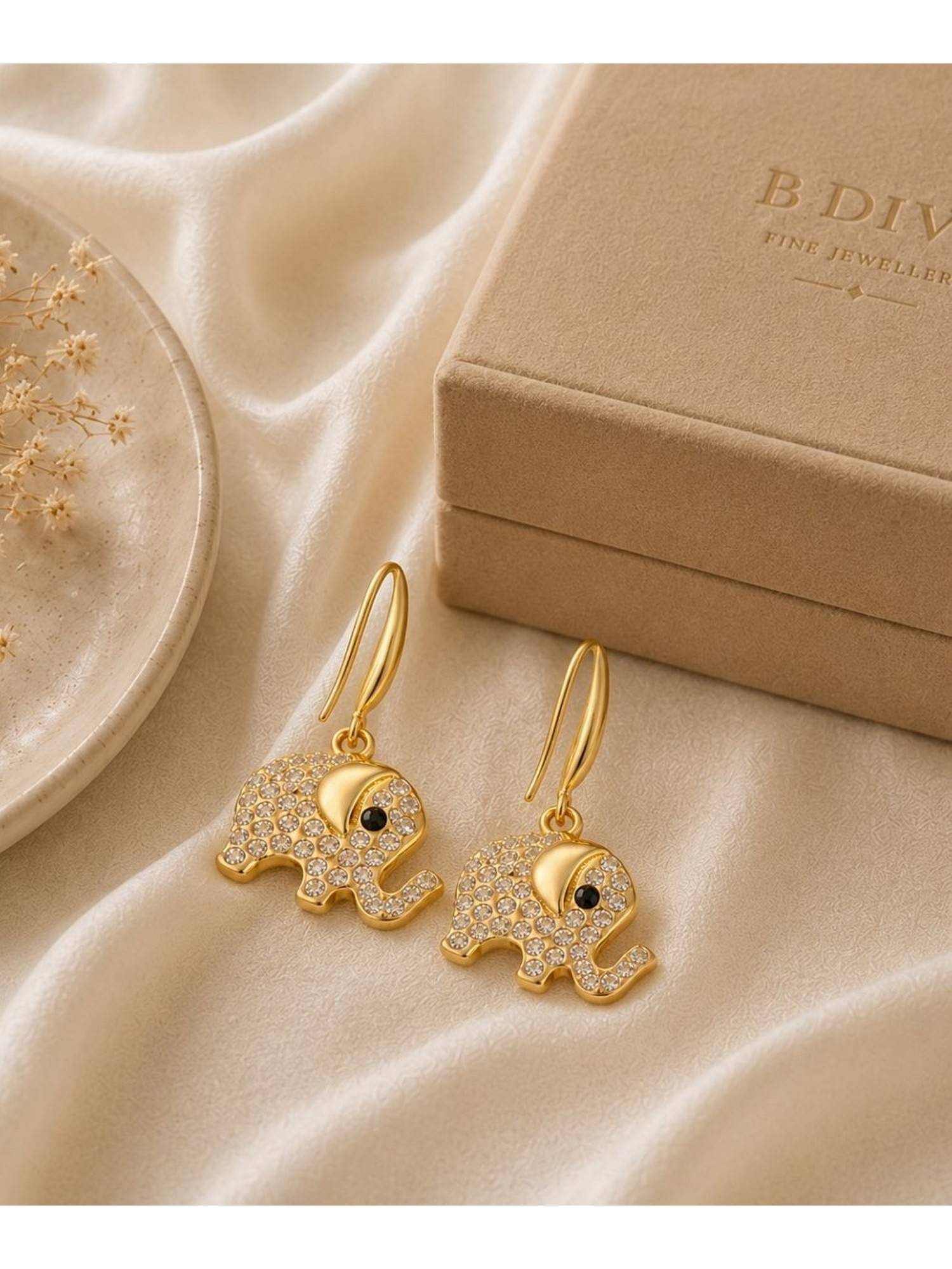 Bdiva Gold Plated Elephant Charm Evil Eye Drop Earrings