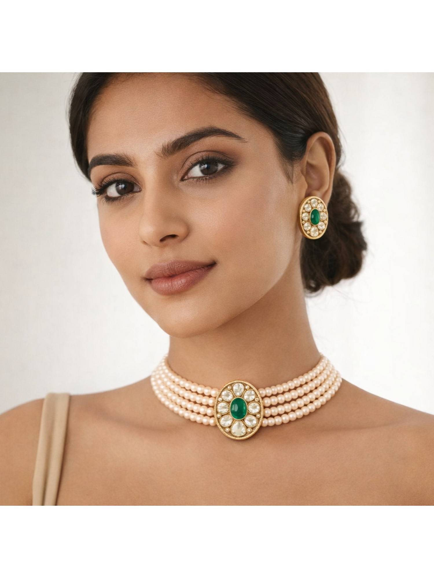 Bdiva Gold Plated Green Kundan Semi Cultured Pearl Choker Set