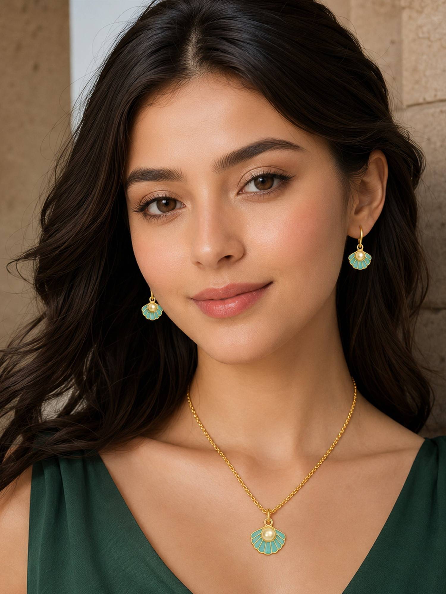 Bdiva Gold-Plated Aqua Pearl Pendant Set