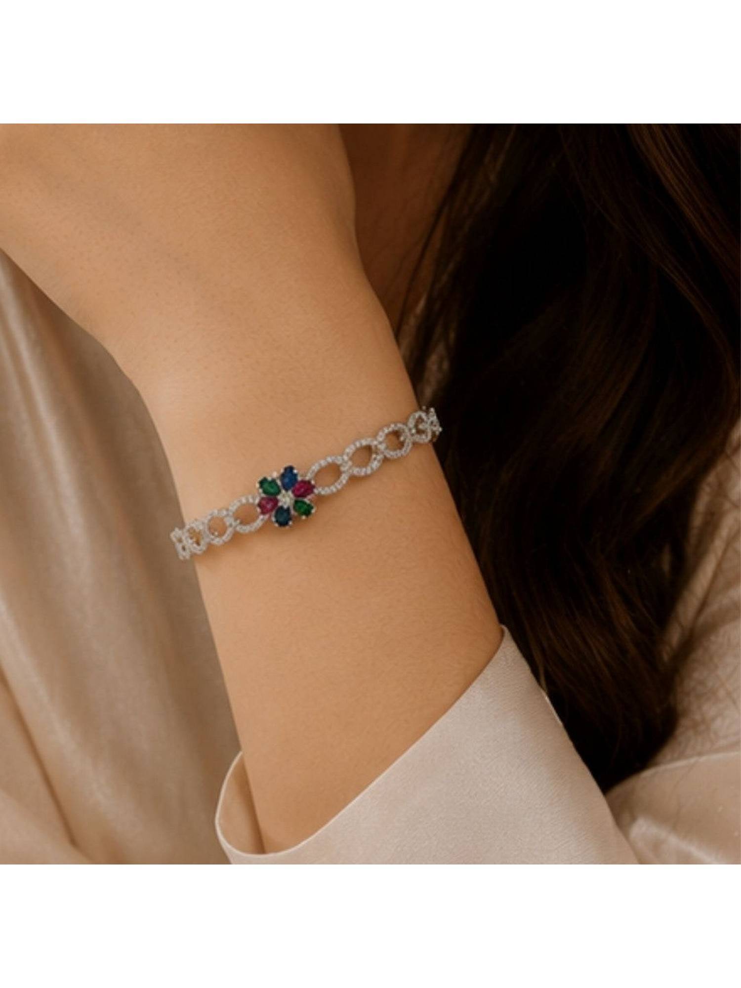 Bdiva Rhodium Plated Multi Color Cubic Zirconia Floral Bracelet