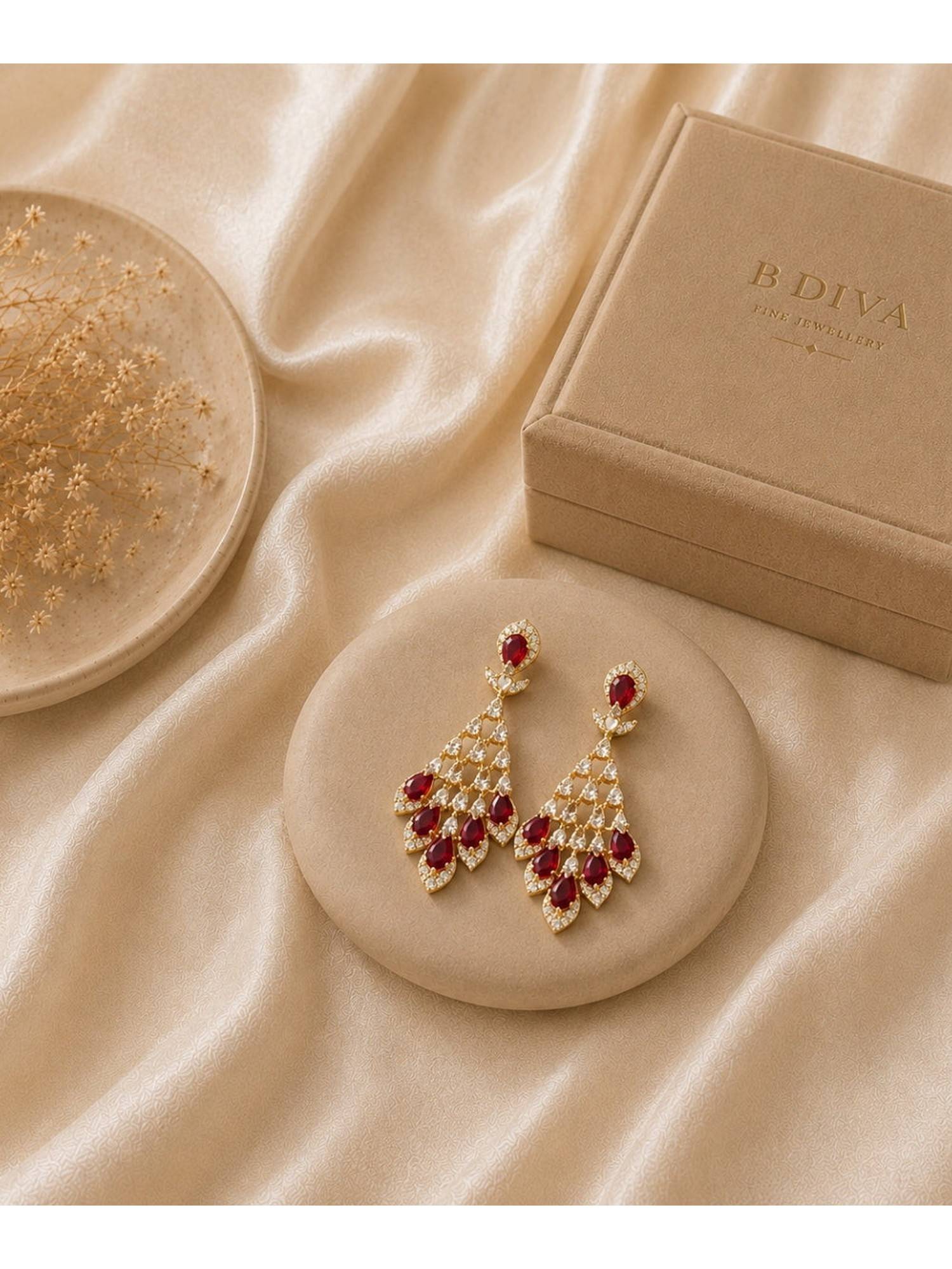 Bdiva Gold Plated Red Cubic Zirconia Drop Earrings