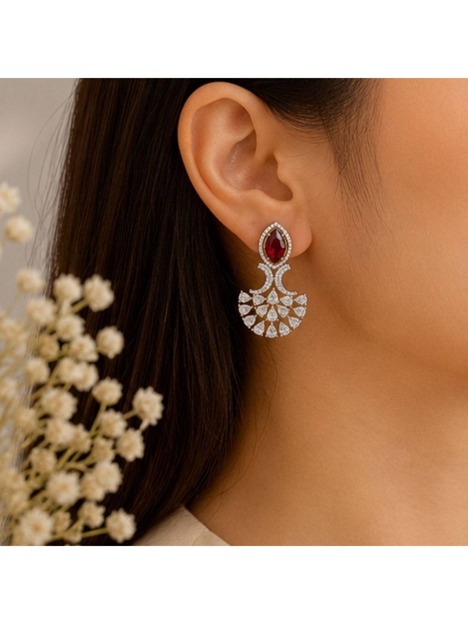 Bdiva Gold Plated Red Cubic Zirconia Studs Earrings