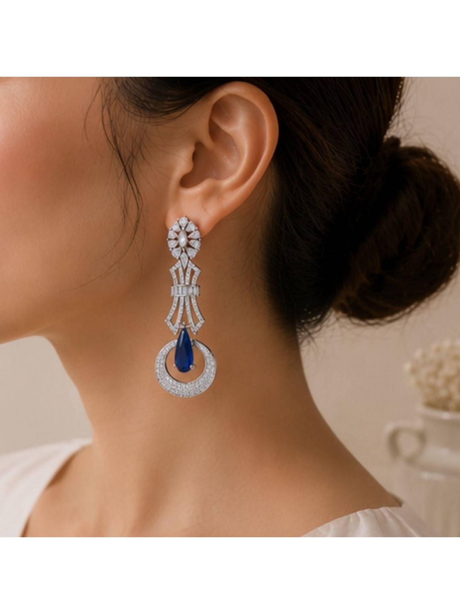 Bdiva Rhodium Plated Blue Cubic Zirconia Drop Earrings