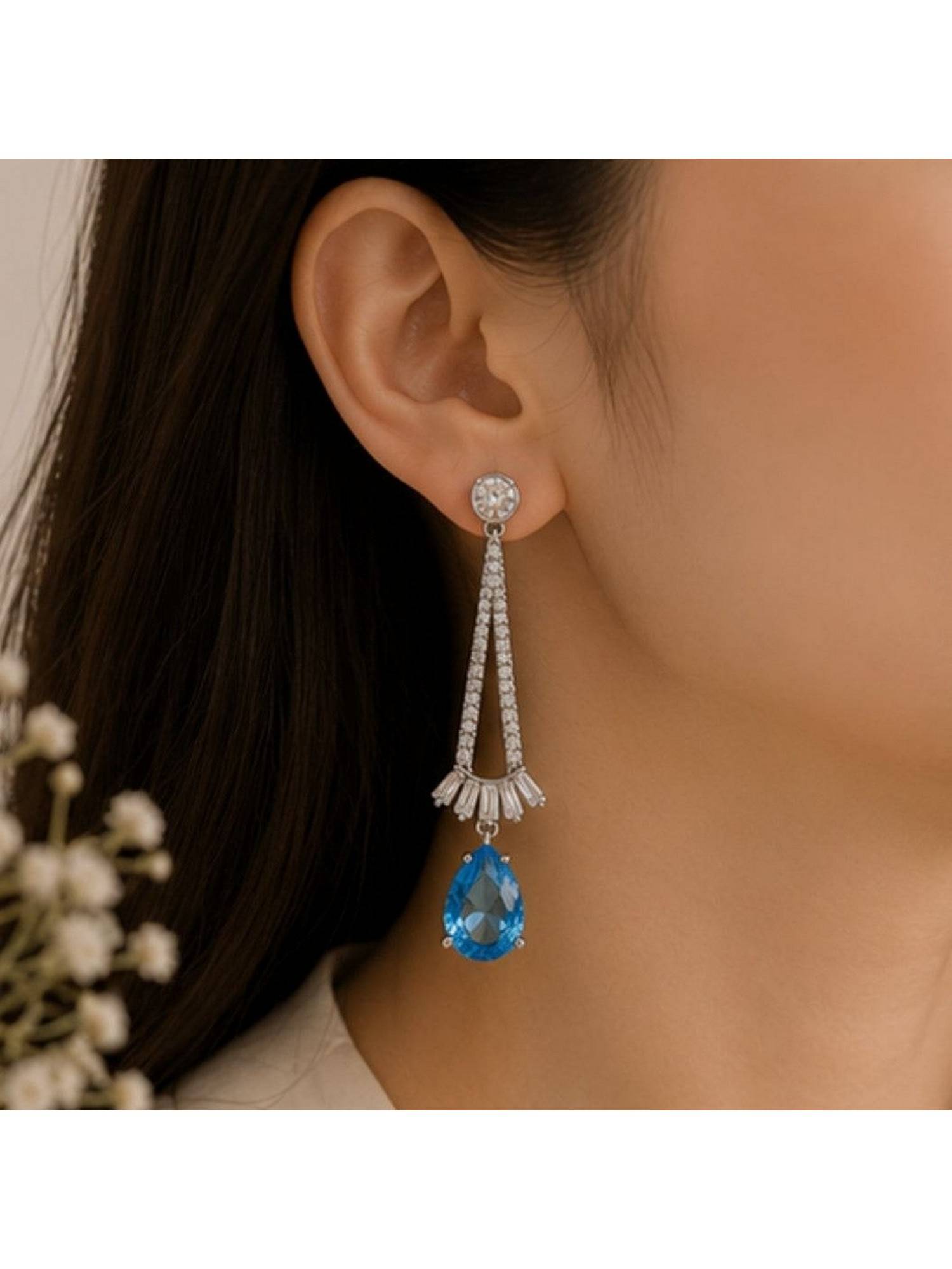 Bdiva Rhodium Plated Blue Cubic Zirconia Drop Earrings