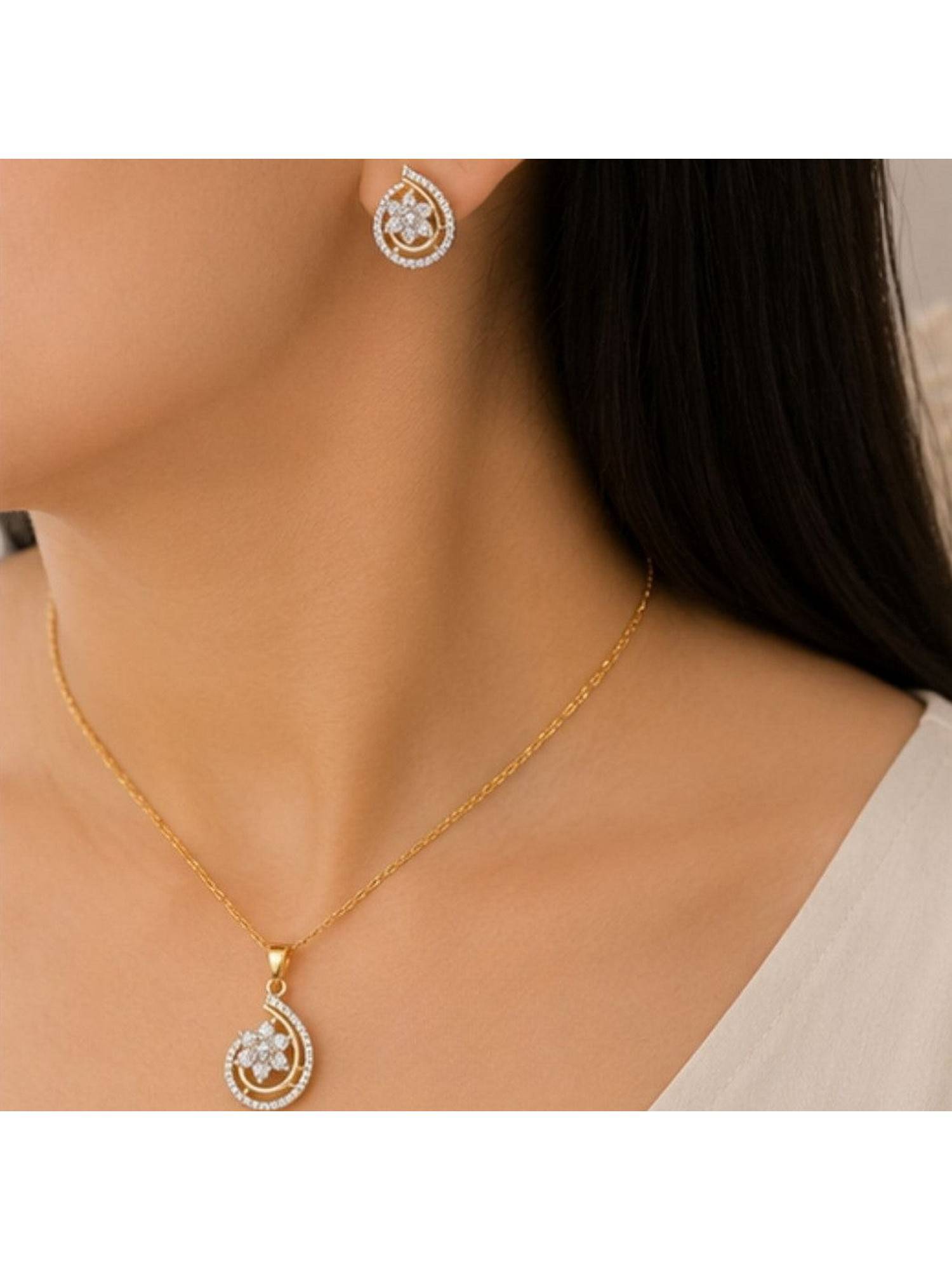Bdiva Gold Plated Cubic Zirconia Floral Pendant Set