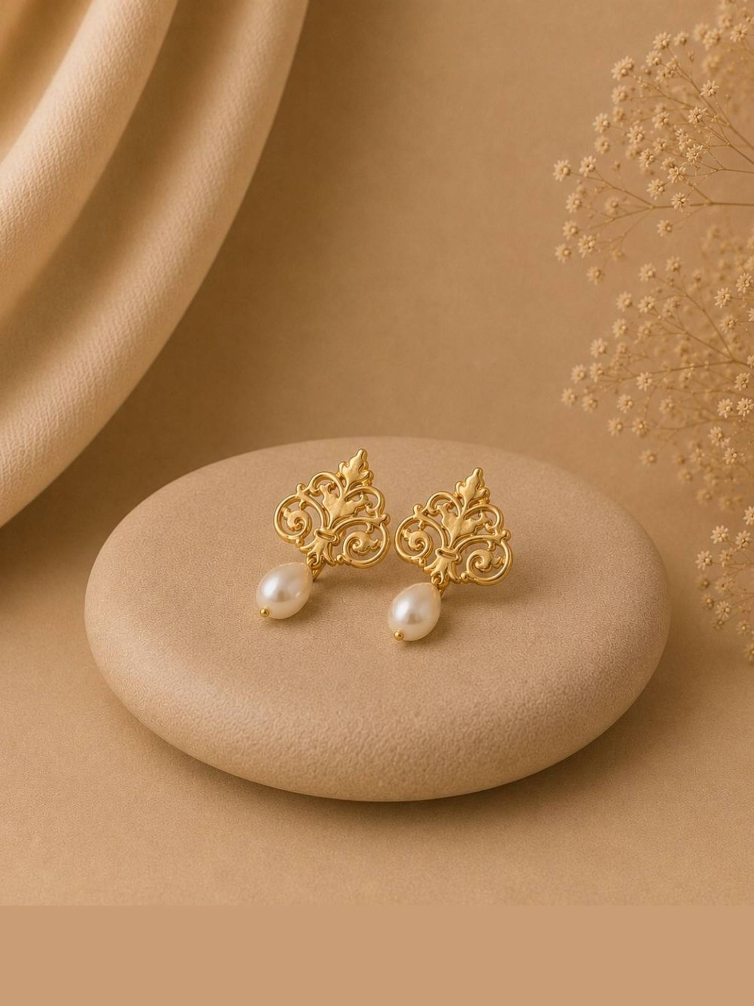 Bdiva Gold Plated Filigree Style Pearl Drop Earrings