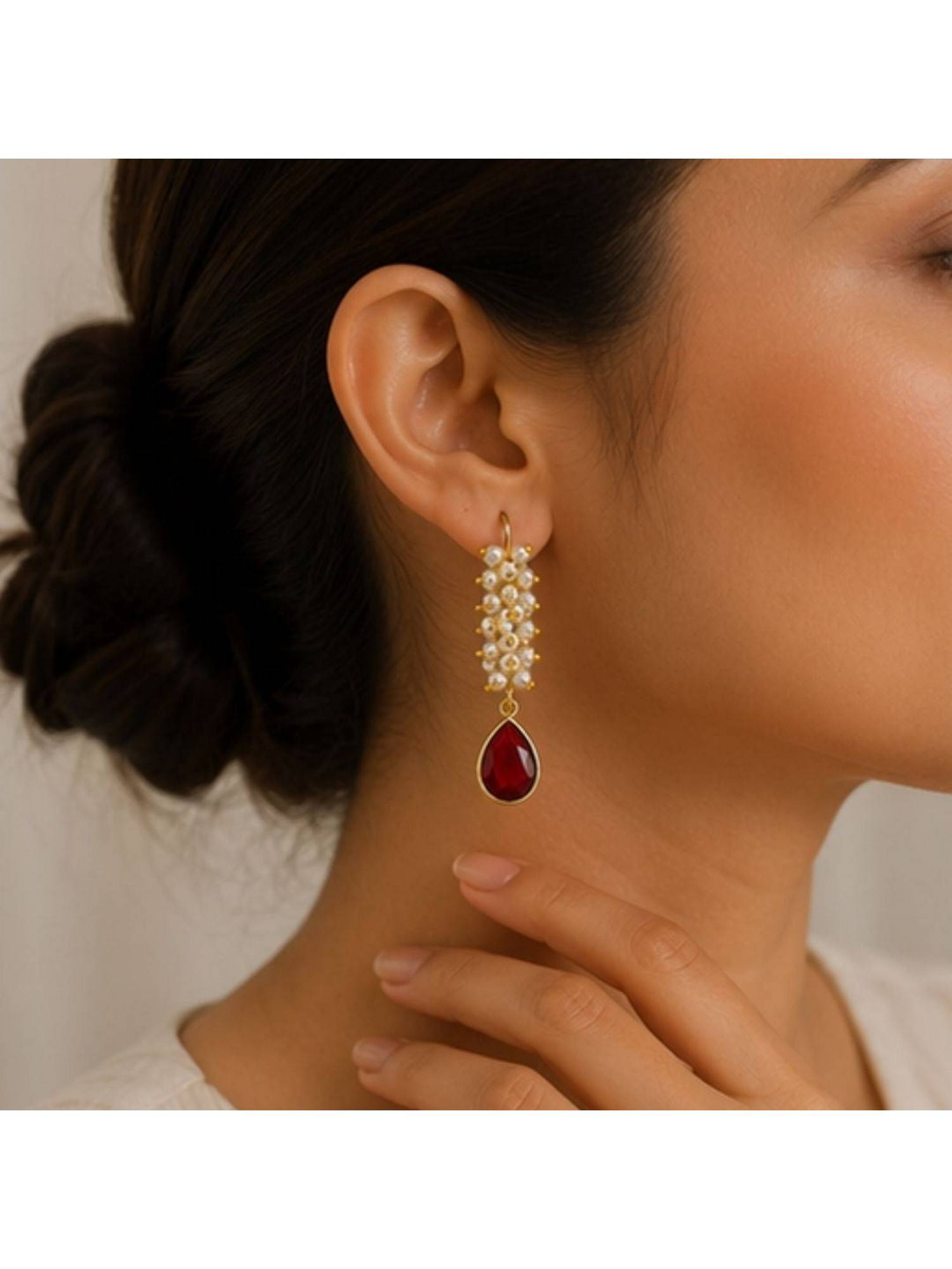 Bdiva Gold Plated Red Cubic Zirconia Drop Earrings