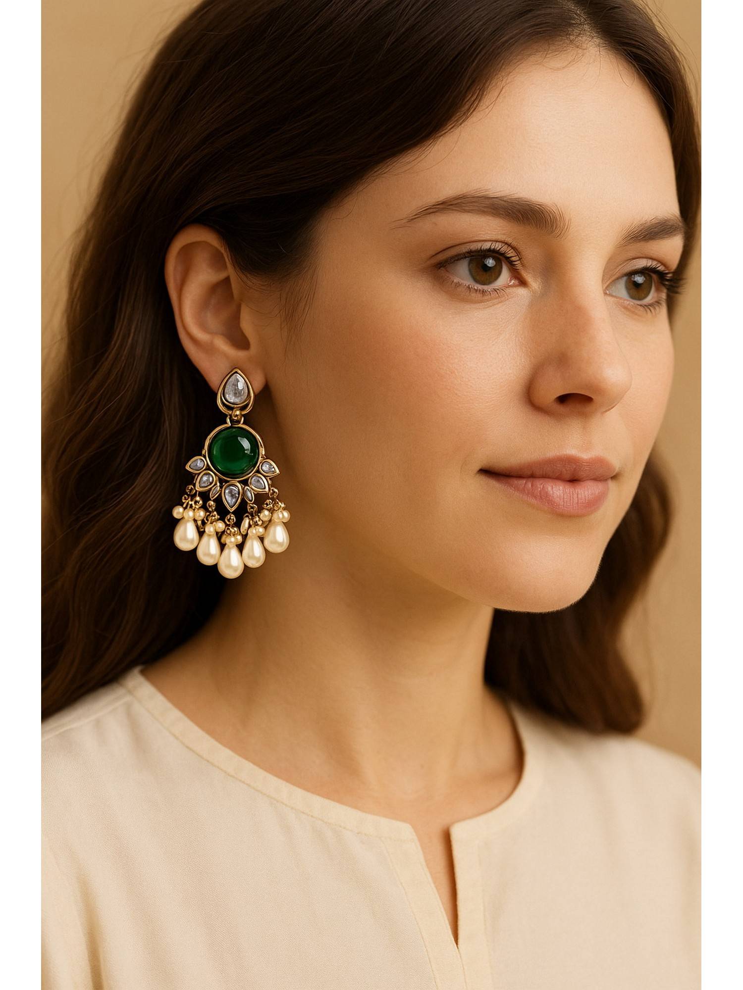 Bdiva Gold Plated Green Stone Pearl Drop Earrings
