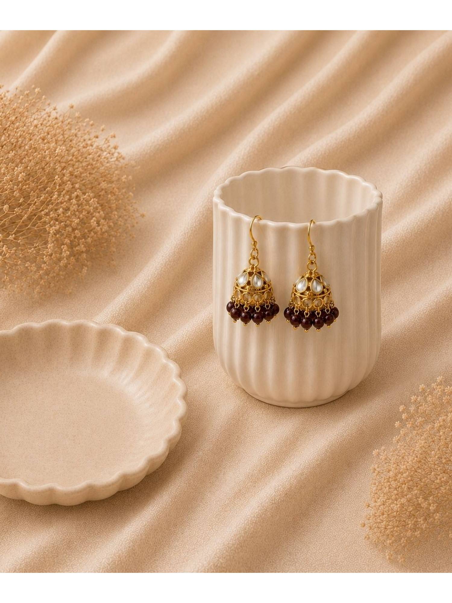 Bdiva Gold Plated Kundan Pearl Jhumki Earrings