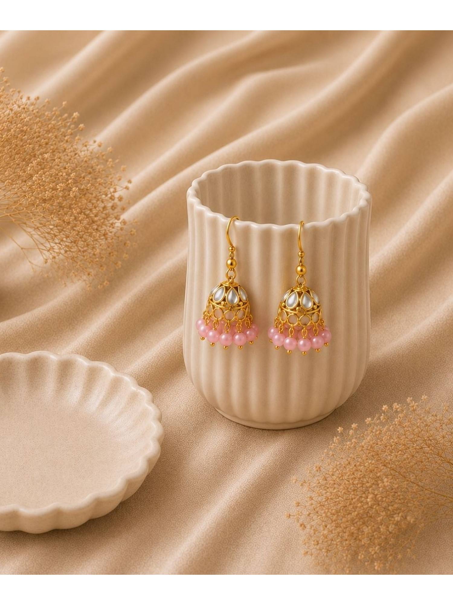Bdiva Gold Plated Kundan Pearl Jhumki Earrings