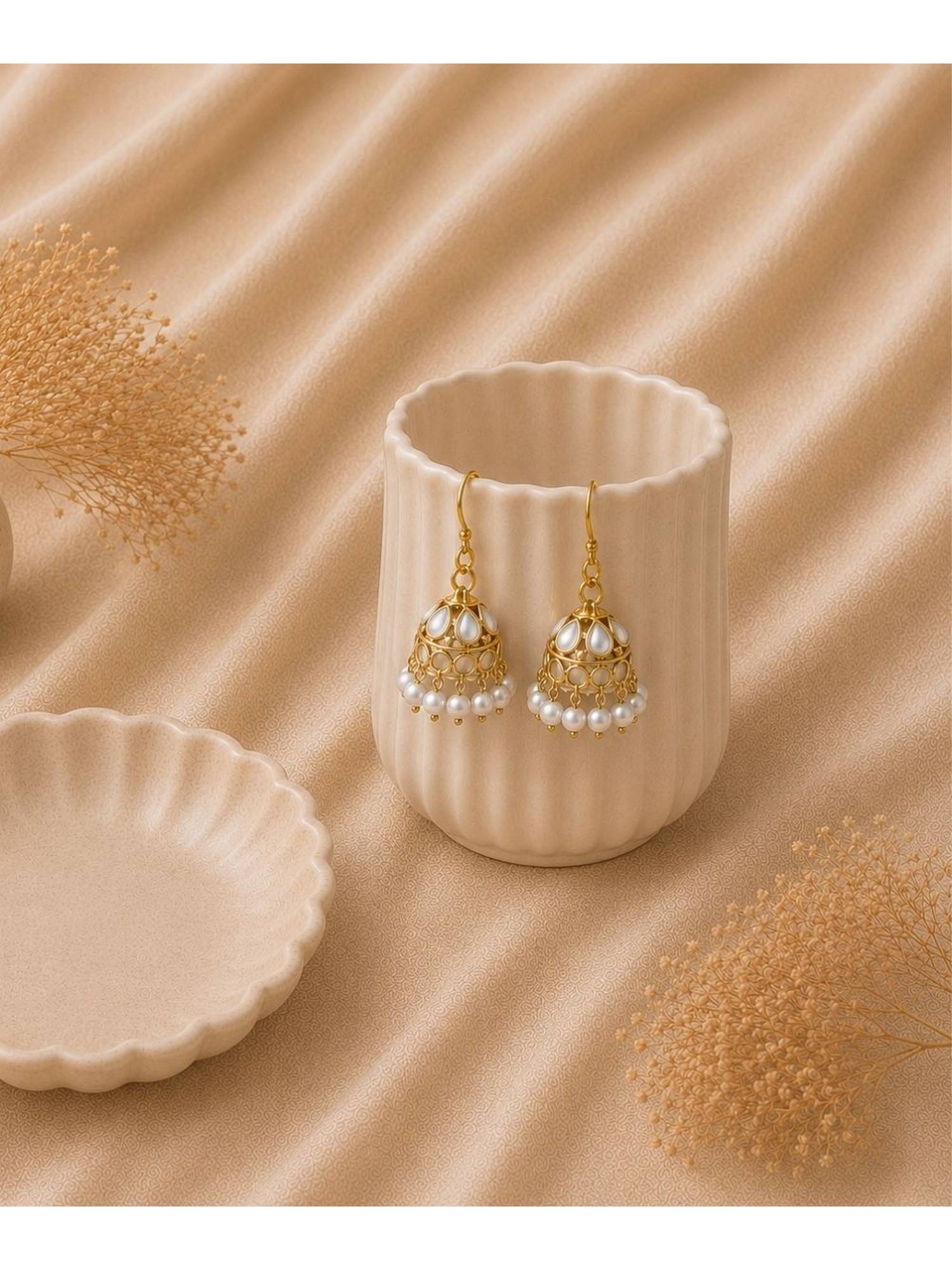 Bdiva Gold Plated Kundan Pearl Jhumki Earrings
