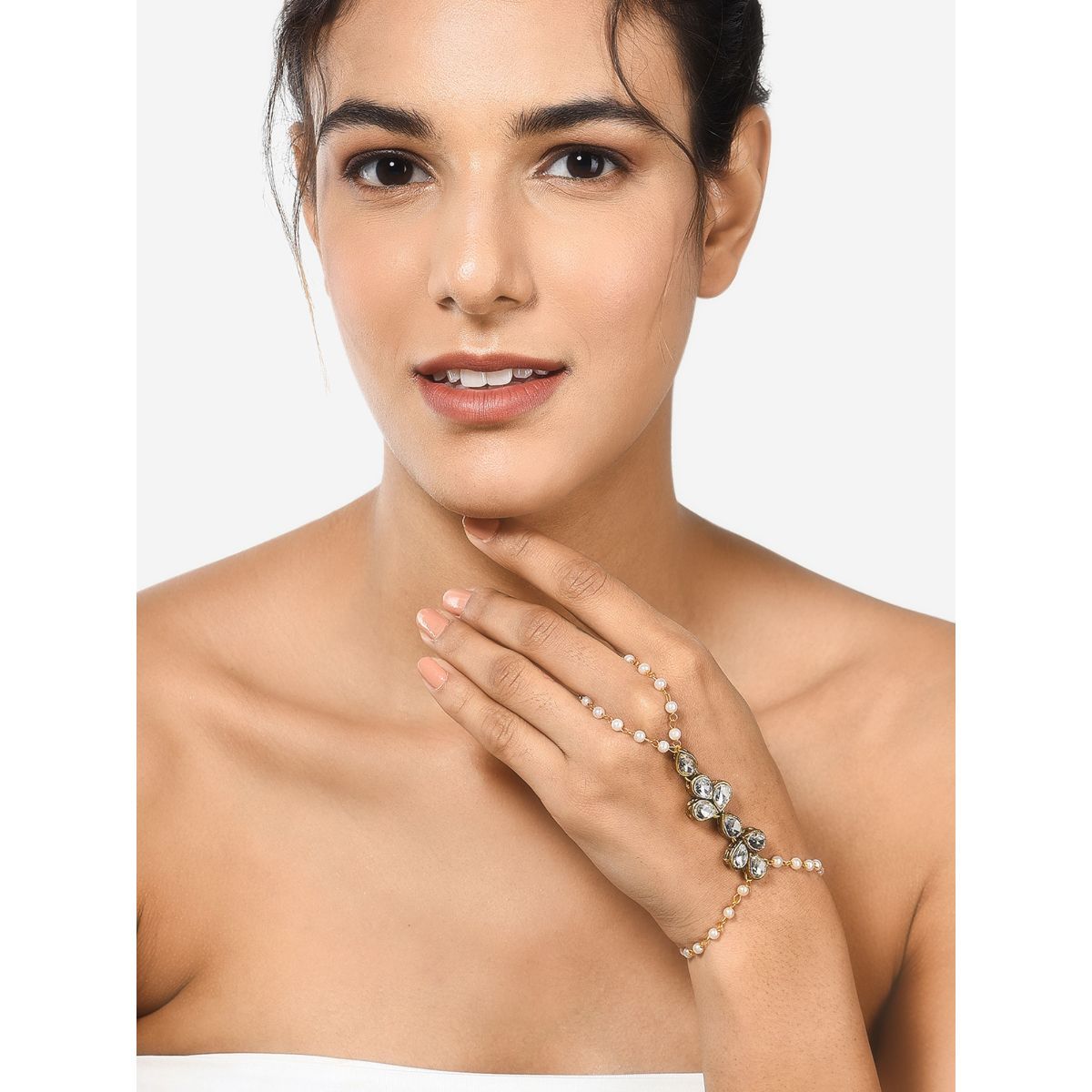 Zaveri Pearls Gold Tone Dazzling Stones Chain Embellished With Pearls Ring Bracelet-ZPFK10451