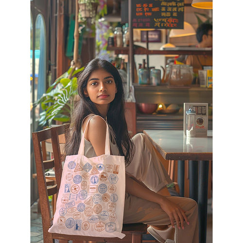 Doodle Collection Eco-Friendly Reusable Cotton Canvas Zipper Tote Bag  Travel Stamps (M)