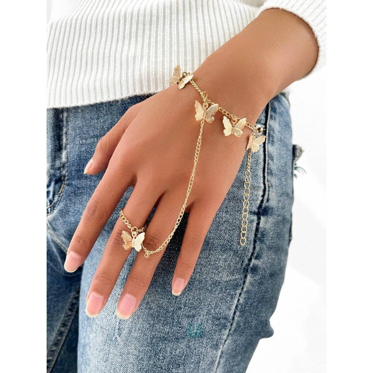 OOMPH Butterfly Charm Bohemian Hand Harness Fashion Bracelet with Ring
