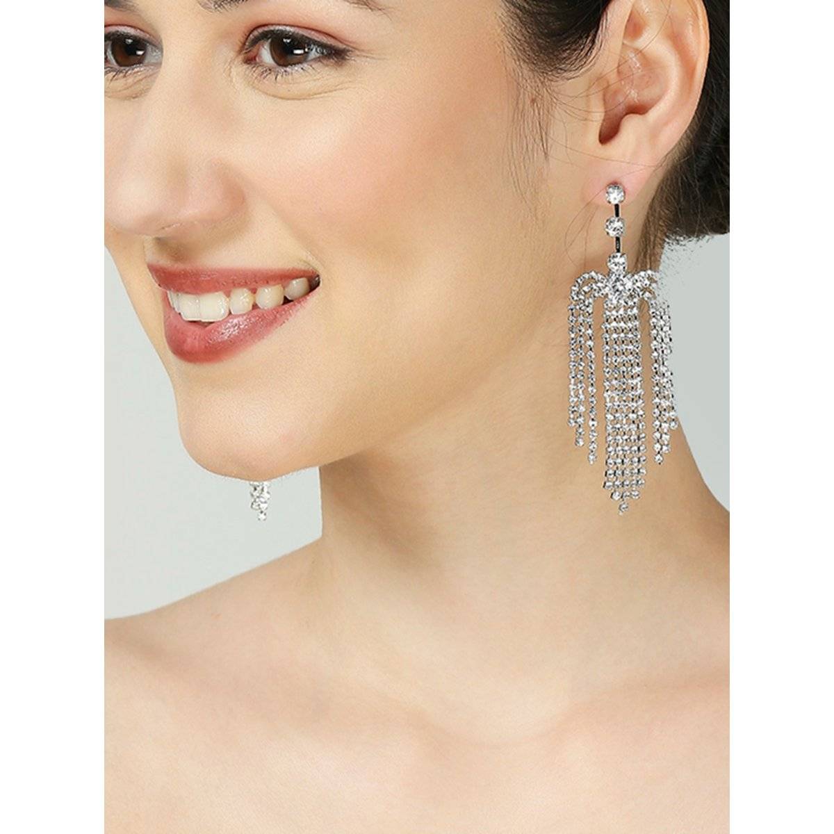 OOMPH Silver Crystal Long Drop Earrings Statement Party Wear for Women