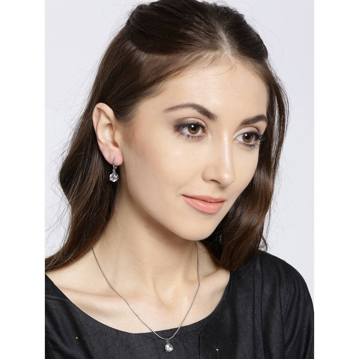 OOMPH Delicate Round Solitaire Cubic Zirconia Office Wear Pendant Set (Set of 2)