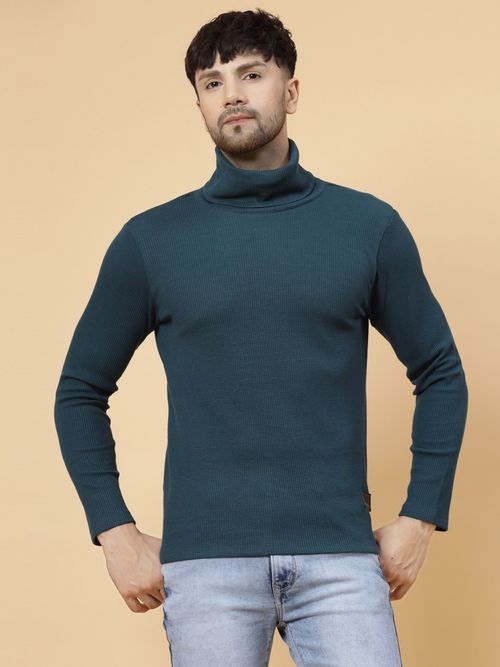 RIGO Men Green Waffle Knit Turtleneck T-Shirt