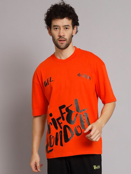 Griffel Men Printed Neon Orange Oversized Drop Shoulder T-Shirt
