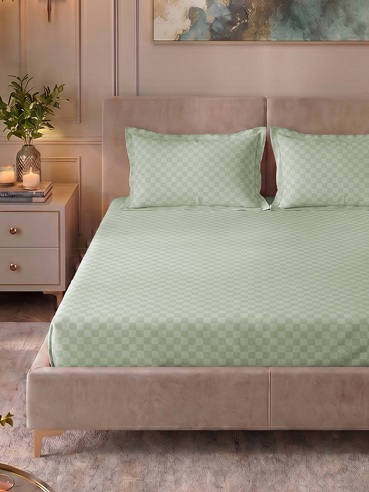 Urban Space Tea Green Cubes 100% Cotton 300TC Bedsheet with 2 Pillow Covers (King)