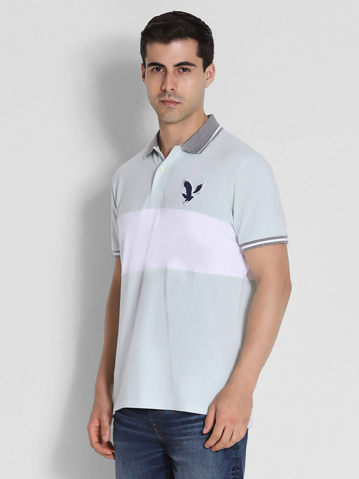 Buy American Eagle Men Blue Colorblock Logo Flex Pique Polo Shirt Online