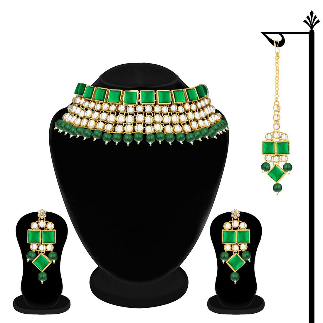 Peora Brass Green Collar Designer Gold Plated Necklaces Set For Women