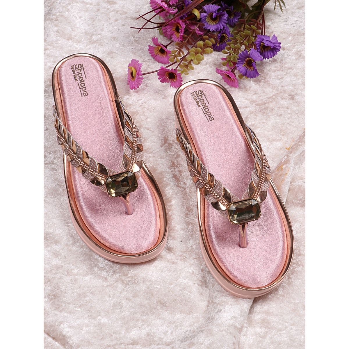 Buy Shoetopia Pink Gold toned Embellished Platform Sandals Online