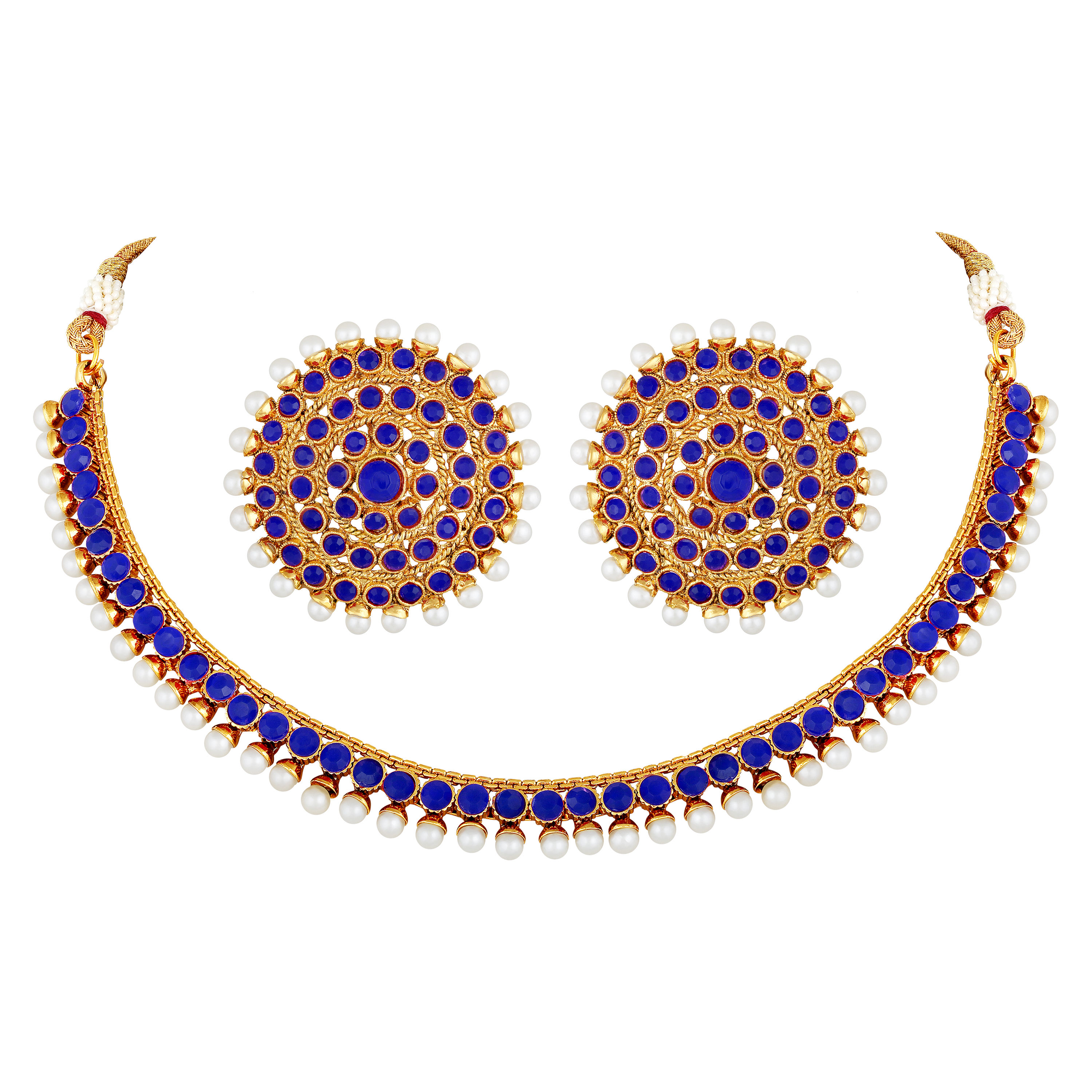 Designer Stone Studded Golden And Blue Necklace Set 269JW24