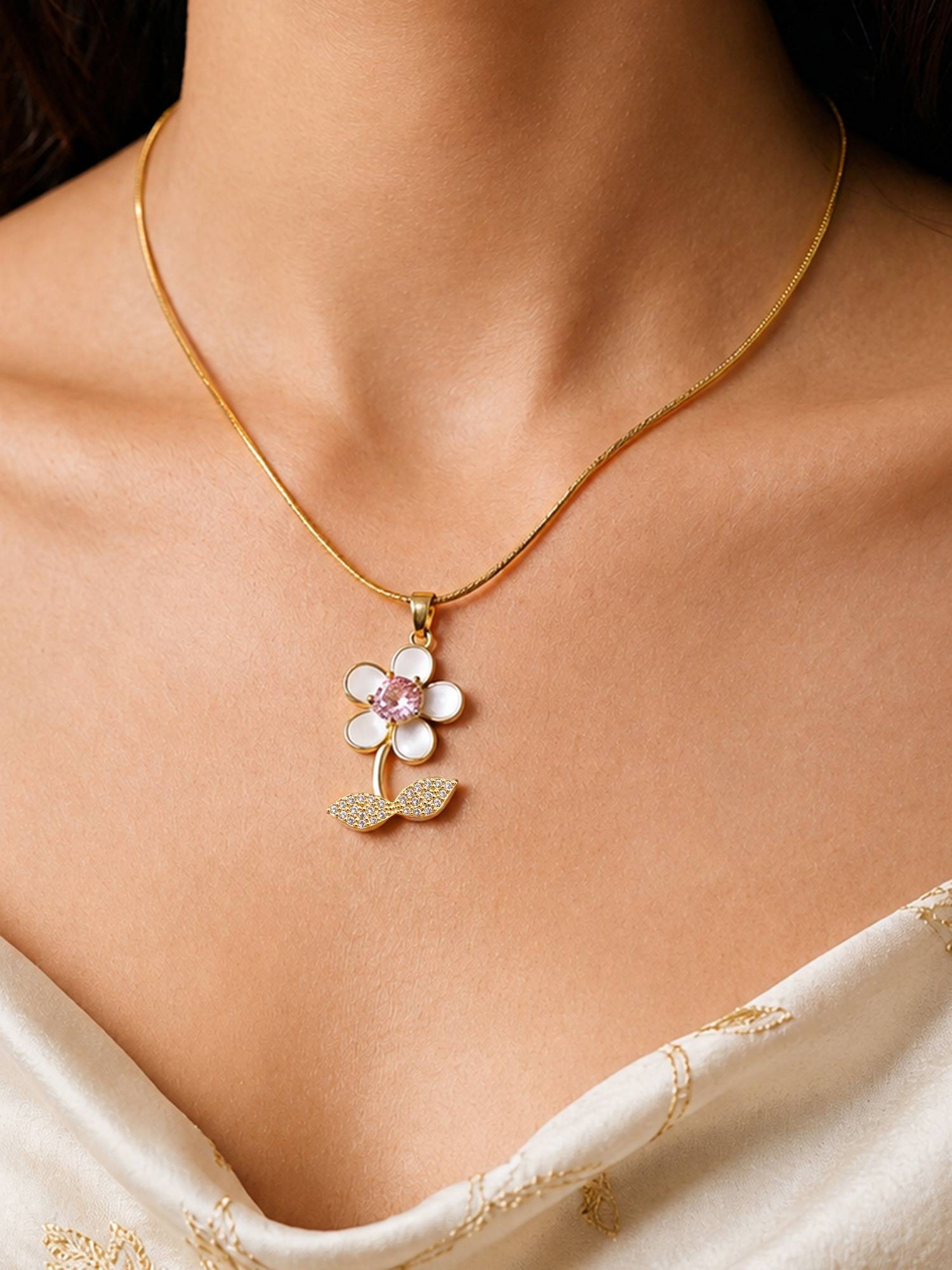 ARTKLIM Blossom Pink Crystal Flower Anti-Tarnish Necklace