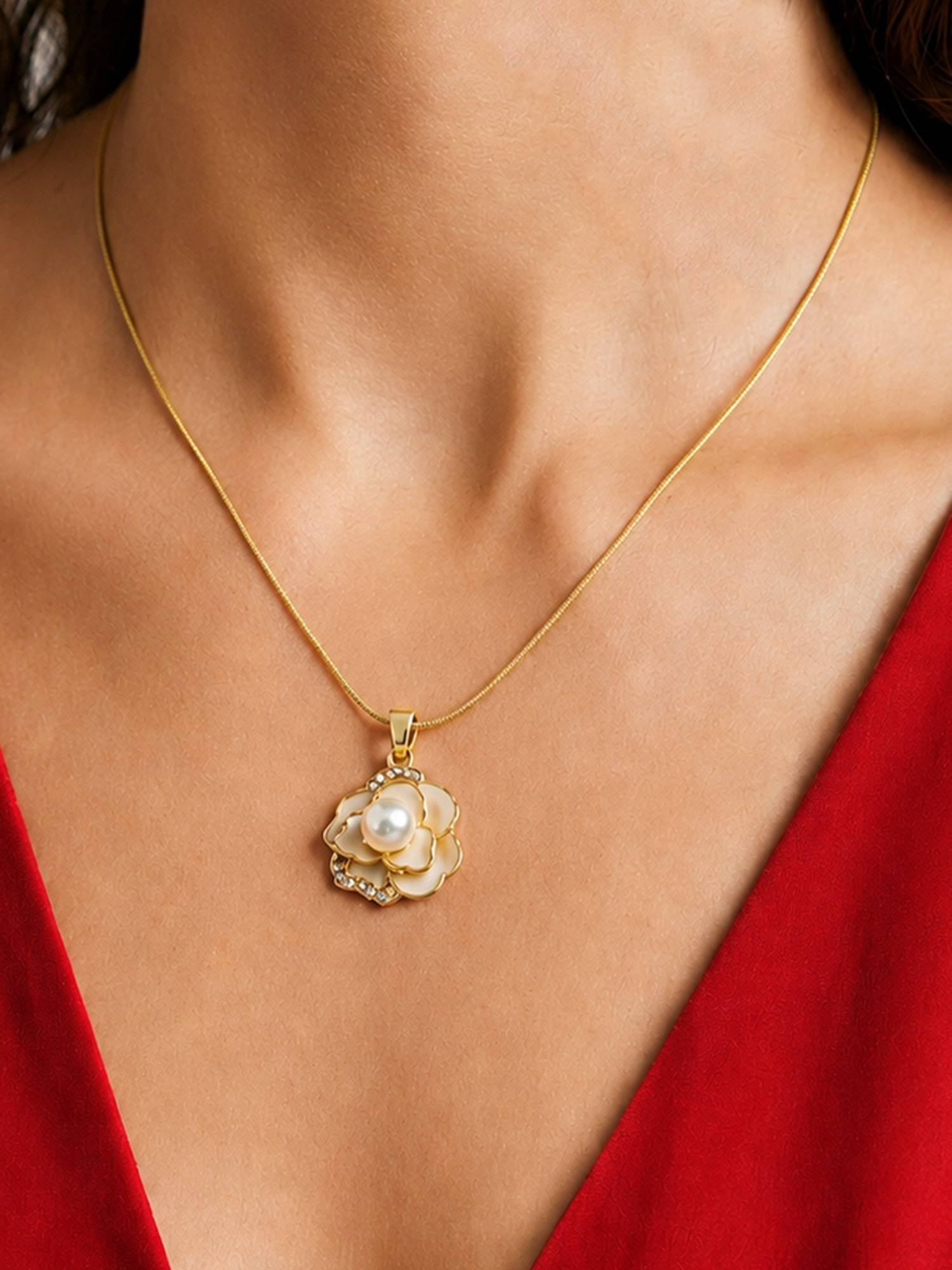 ARTKLIM Pearl Camellia Floral Anti-Tarnish Necklace