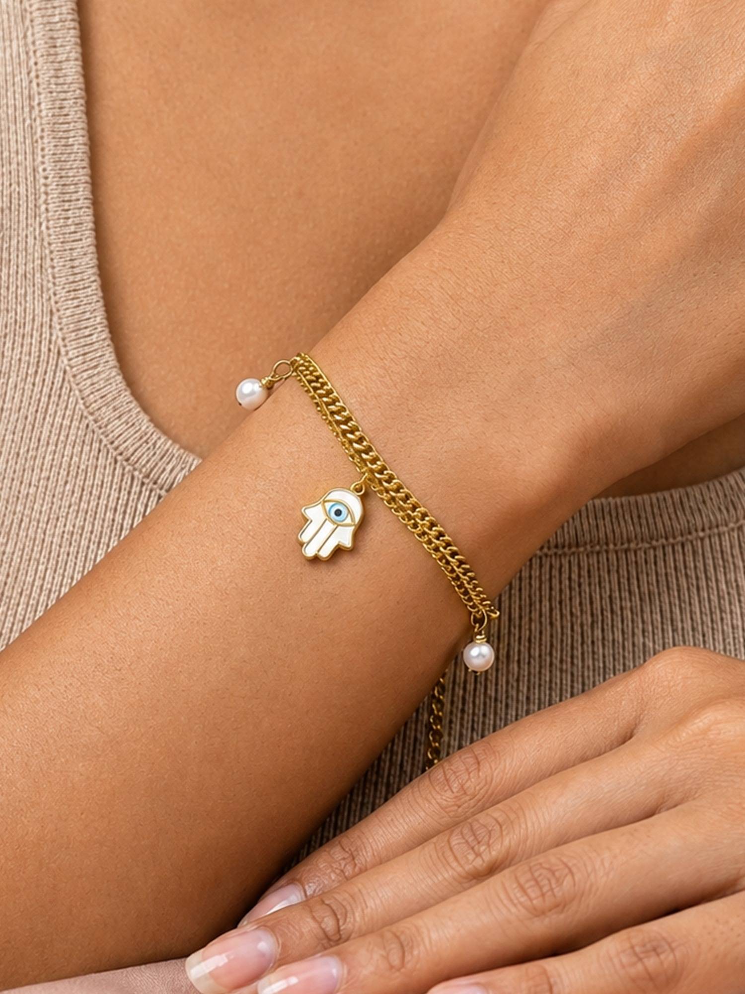 ARTKLIM Evil Eye Hamsa Layered Chain Anti-Tarnish Bracelet