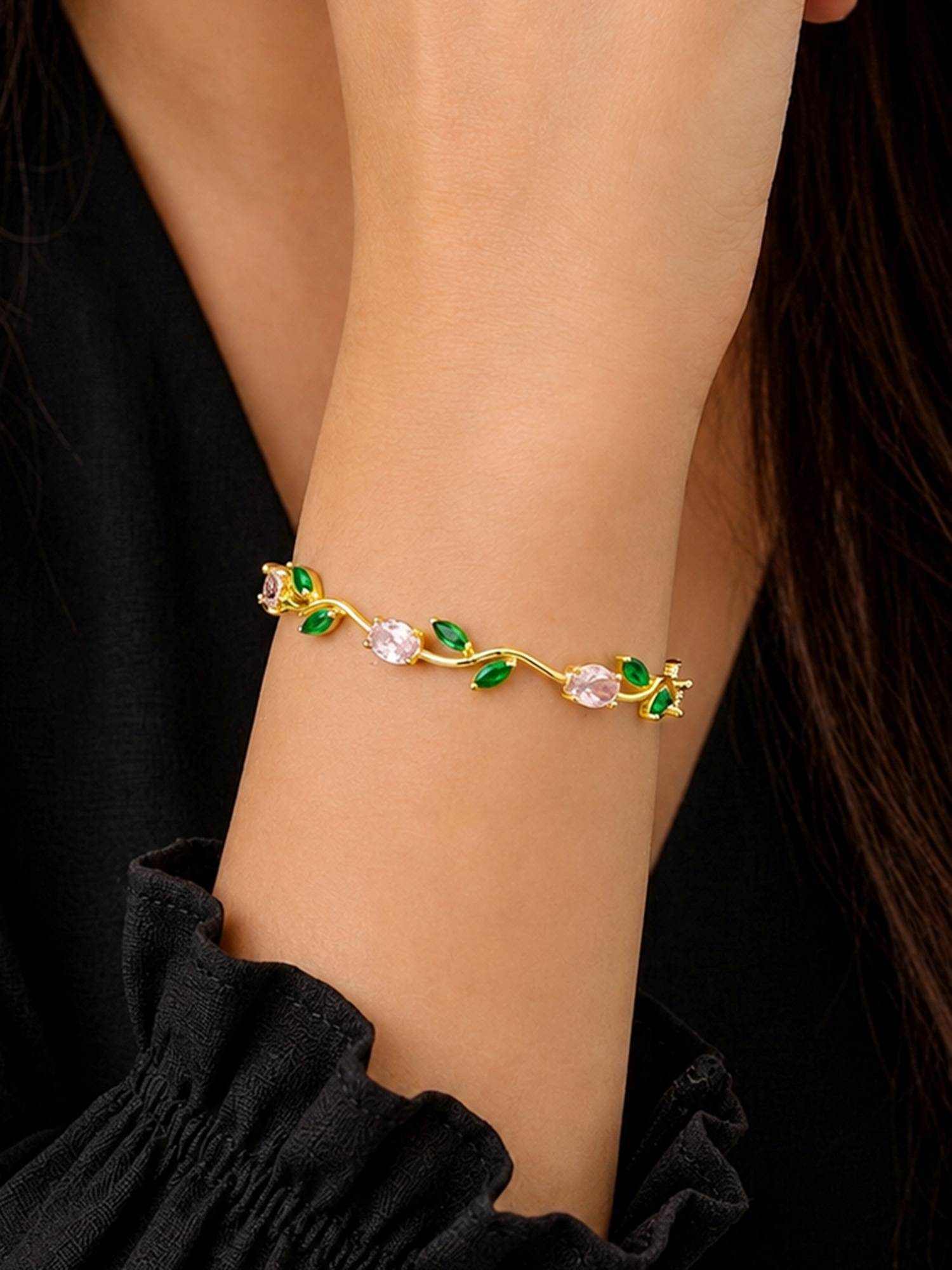 ARTKLIM Floral Vine Green Crystal Gold Anti-Tarnish Bracelet