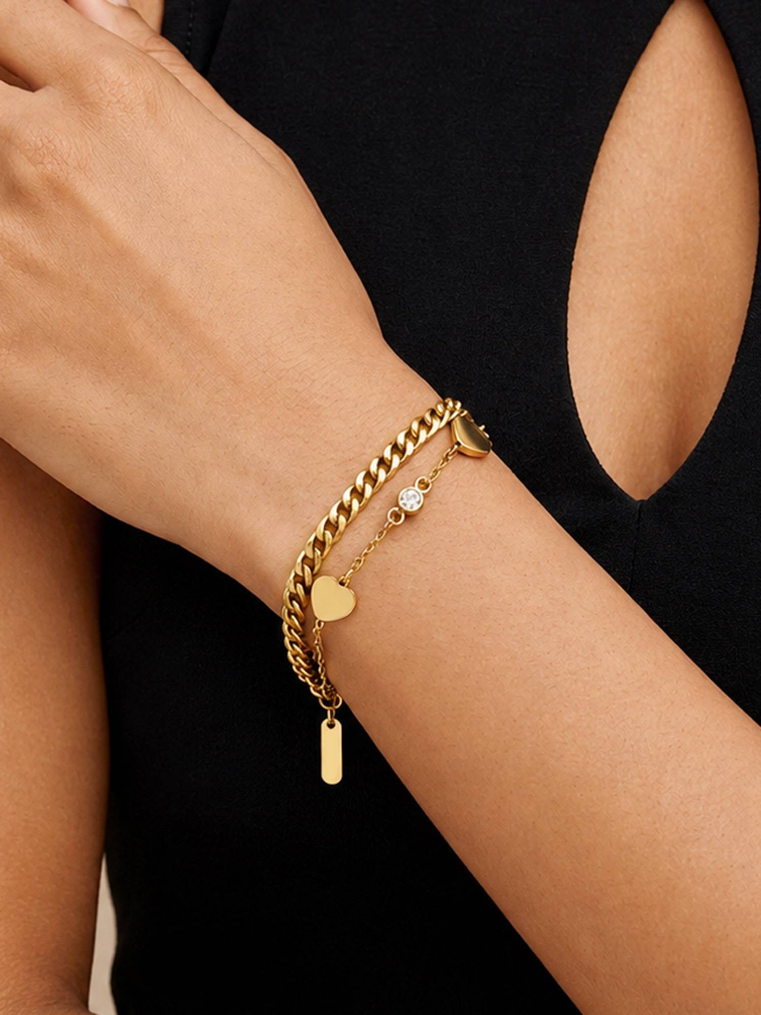 ARTKLIM Double Layer Heart Chain Crystal Anti-Tarnish Bracelet