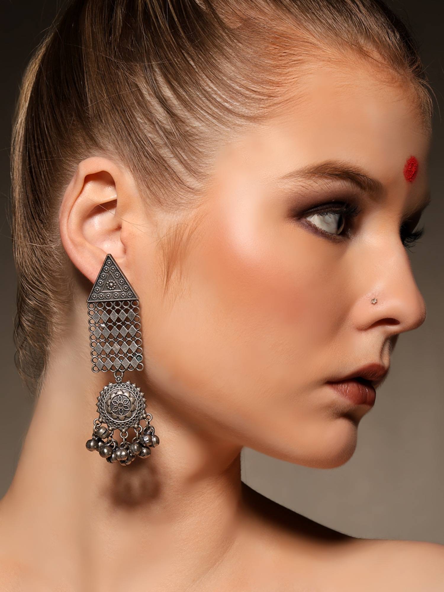 VENI 925 Silver-Plated Contemporary Shaped Oxidised Drop Earrings